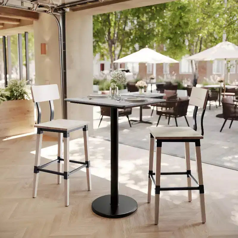 Table de salle à manger haute avec plateau HPL, faux béton gris, piètement en fer