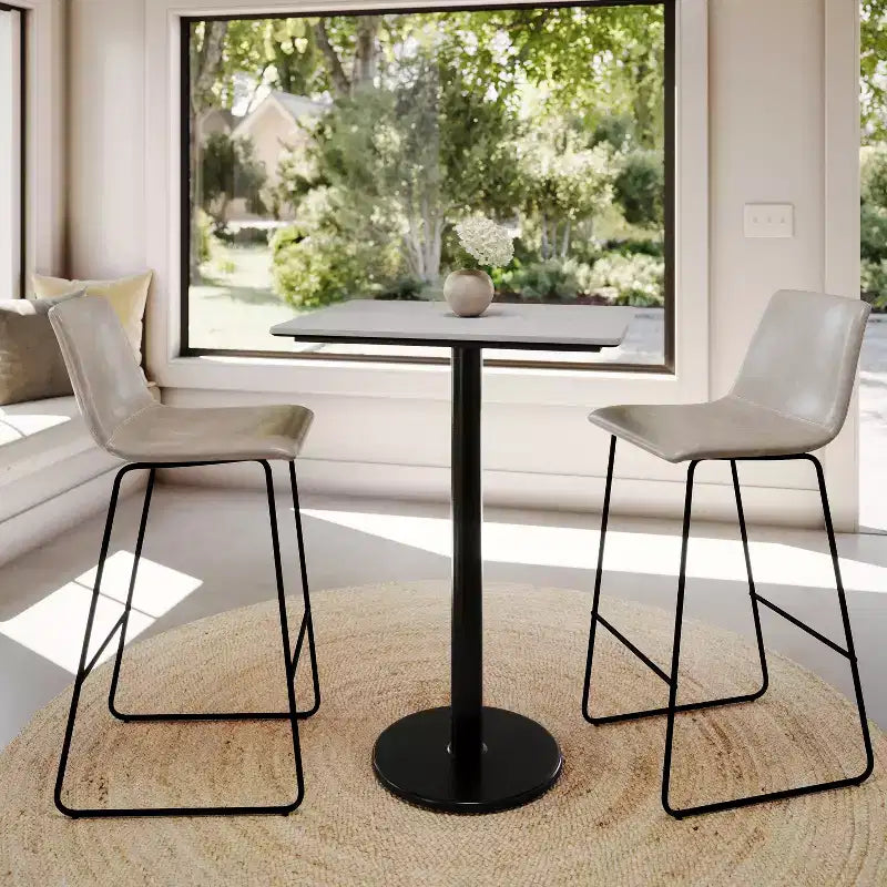Table de salle à manger haute avec plateau HPL, faux béton gris, piètement en fer