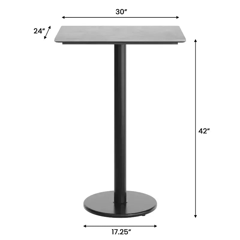 Table de salle à manger haute avec plateau HPL, faux béton gris, piètement en fer