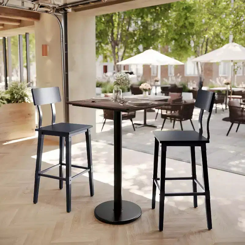 Table de salle à manger haute avec plateau HPL, faux béton gris, piètement en fer