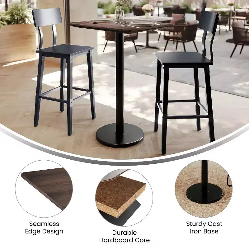 Table de salle à manger haute avec plateau HPL, faux béton gris, piètement en fer