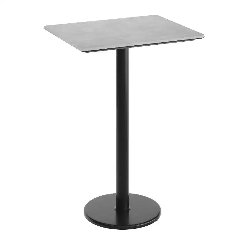 Table de salle à manger haute avec plateau HPL, faux béton gris, piètement en fer