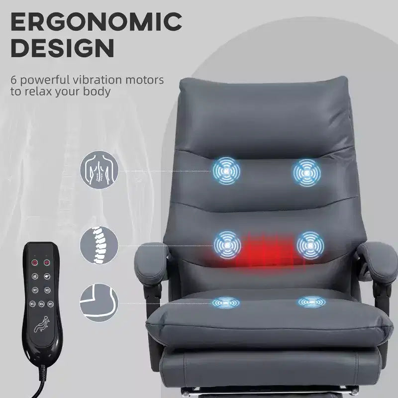 Chaise de bureau de massage en microfibre, inclinable chauffante avec repose-pieds, rembourrage double épaisseur, roulettes pivotantes
