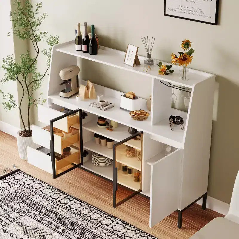 Buffet de rangement en bois avec portes vitrées, porte-gobelets et 3 tiroirs