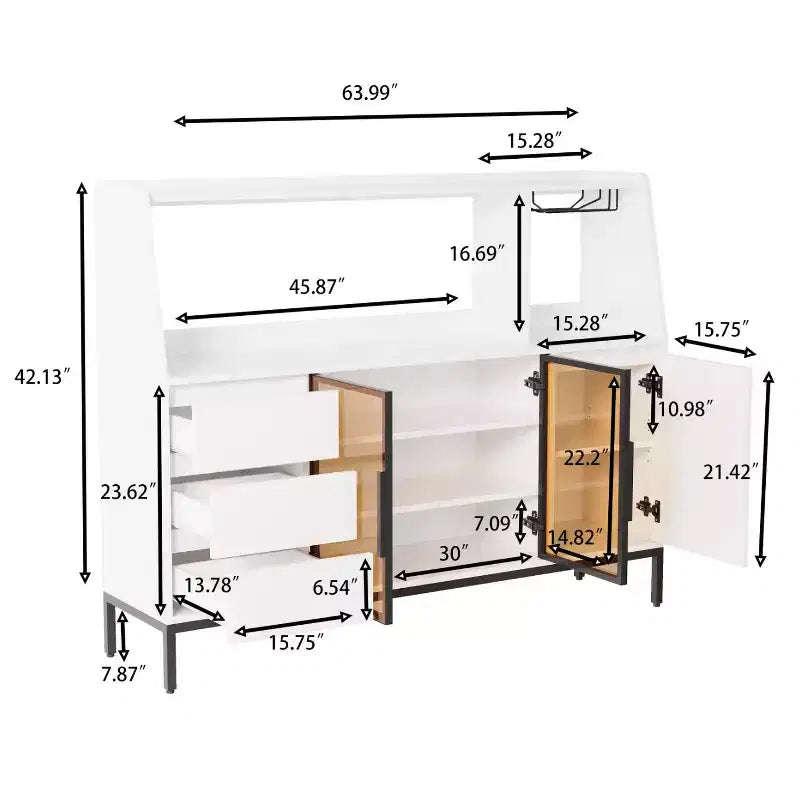 Buffet de rangement en bois avec portes vitrées, porte-gobelets et 3 tiroirs