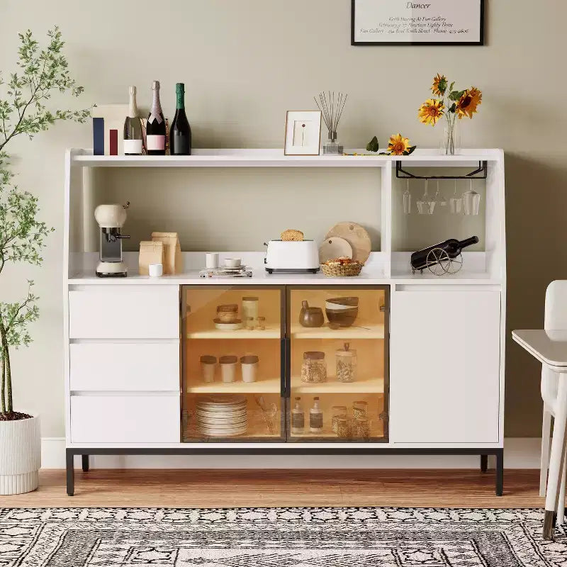 Buffet de rangement en bois avec portes vitrées, porte-gobelets et 3 tiroirs