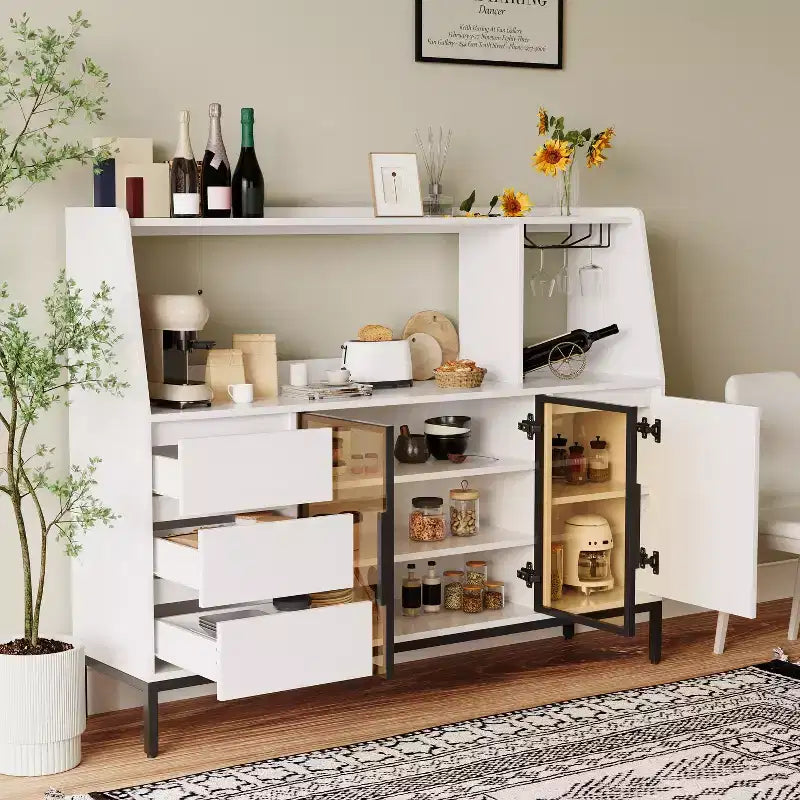 Buffet de rangement en bois avec portes vitrées, porte-gobelets et 3 tiroirs