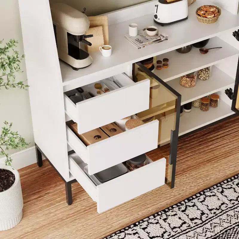 Buffet de rangement en bois avec portes vitrées, porte-gobelets et 3 tiroirs