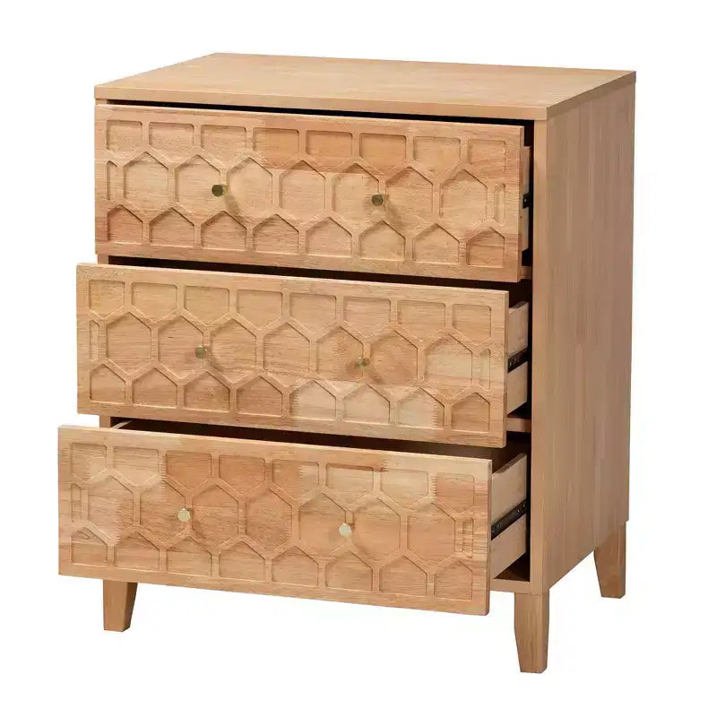 Commode Japandi naturelle sculptée en nid d'abeille à 3 tiroirs