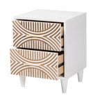 Table de chevet 2 tiroirs en bois sculpté côtier, Blanc/Marron naturel