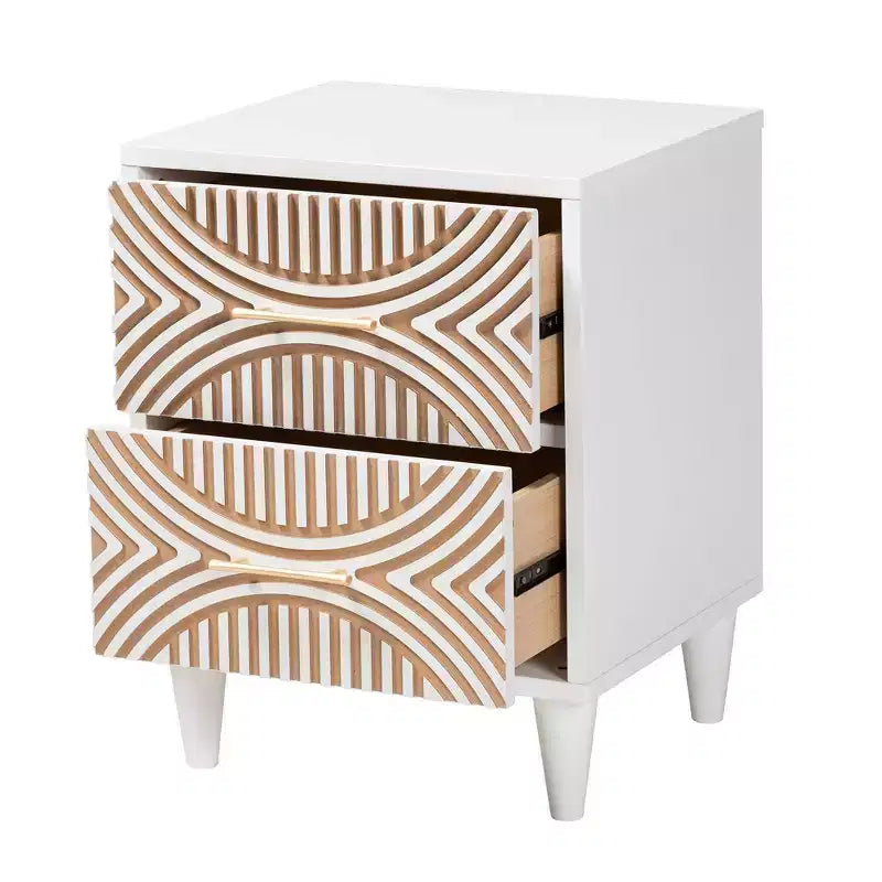 Table de chevet 2 tiroirs en bois sculpté côtier, Blanc/Marron naturel