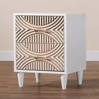 Table de chevet 2 tiroirs en bois sculpté côtier, Blanc/Marron naturel