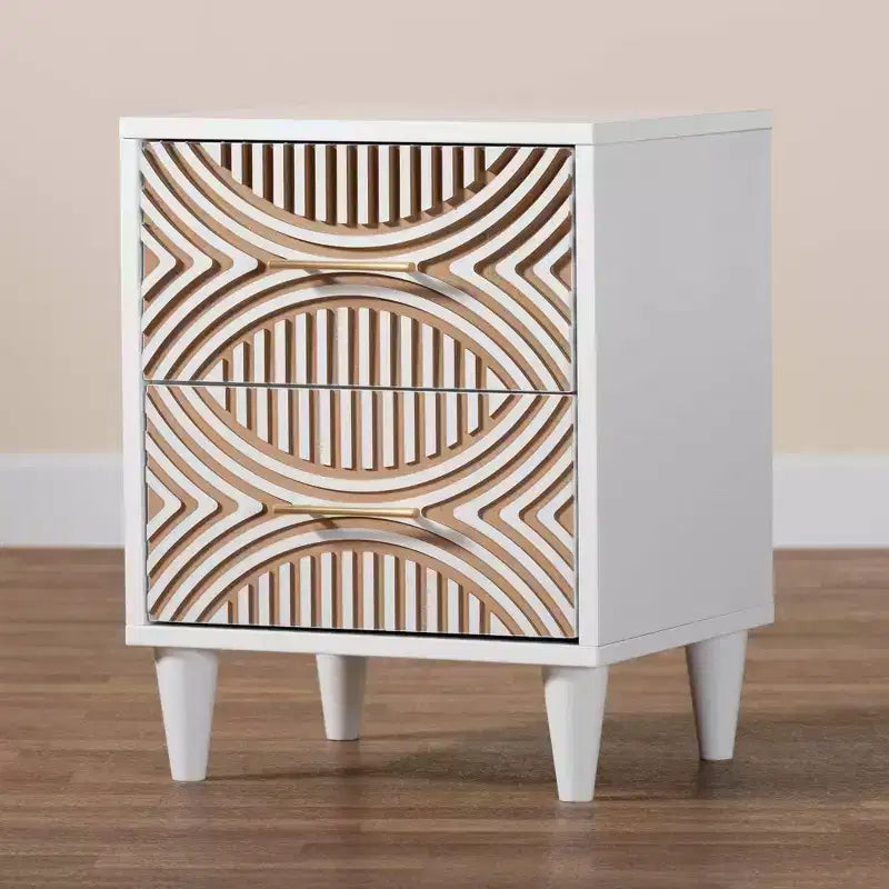 Table de chevet 2 tiroirs en bois sculpté côtier, Blanc/Marron naturel