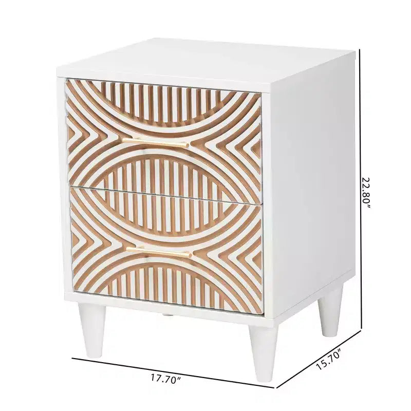 Table de chevet 2 tiroirs en bois sculpté côtier, Blanc/Marron naturel