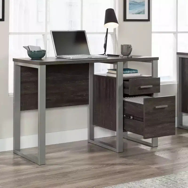 Bureau à piedestal simple avec tiroirs et étagère ouverte, Noyer Blade