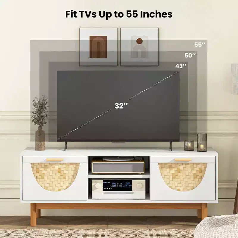 Meuble TV pour téléviseurs jusqu'à 55 pouces avec 2 tiroirs, façades en bambou tressé et pieds en bois massif, blanc