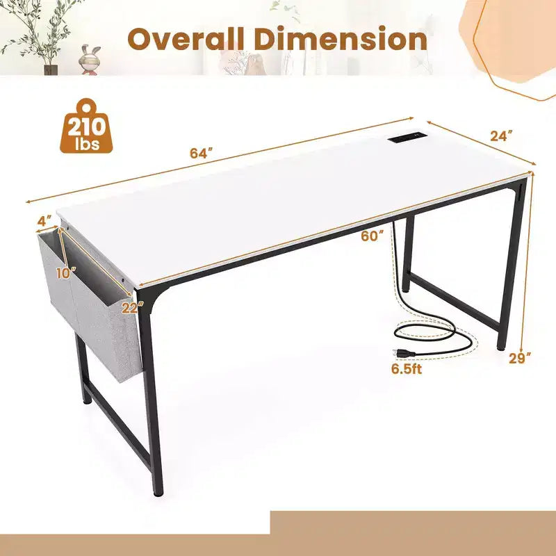 Bureau d'ordinateur moderne avec station de charge, pochette de rangement et crochet pour casque, blanc