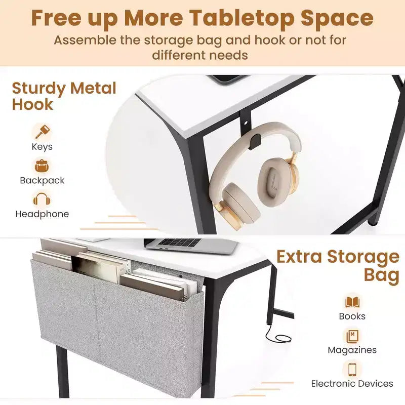 Bureau d'ordinateur moderne avec station de charge, pochette de rangement et crochet pour casque, blanc