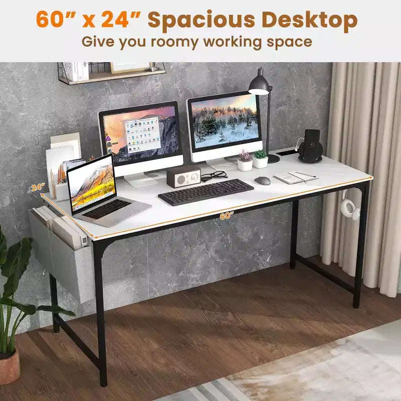 Bureau d'ordinateur moderne avec station de charge, pochette de rangement et crochet pour casque, blanc