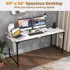Bureau d'ordinateur moderne avec station de charge, pochette de rangement et crochet pour casque, blanc