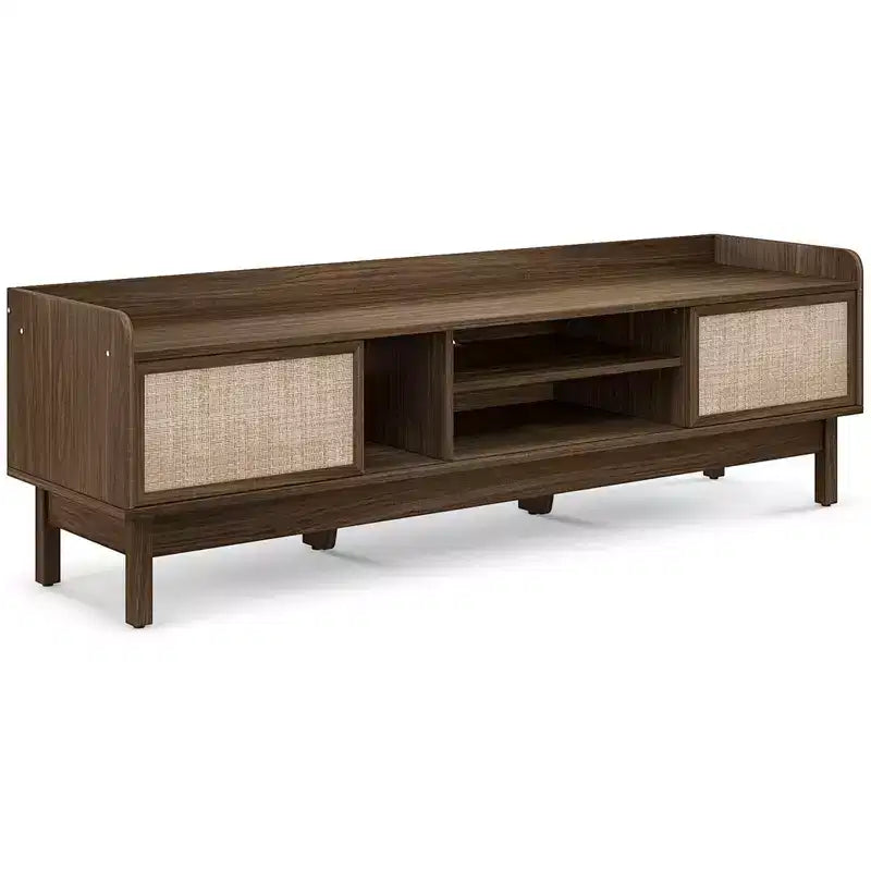 Meuble TV en bois avec rangement, étagère réglable et portes coulissantes tressées, Noyer