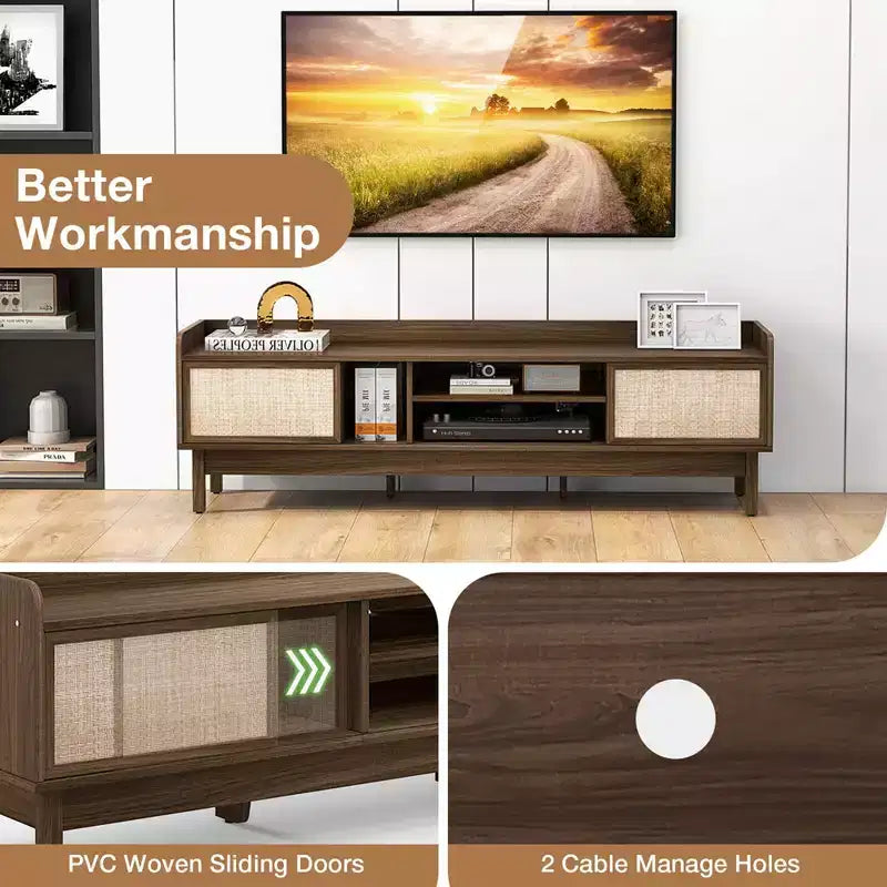 Meuble TV en bois avec rangement, étagère réglable et portes coulissantes tressées, Noyer