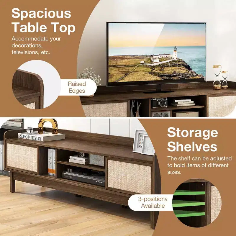 Meuble TV en bois avec rangement, étagère réglable et portes coulissantes tressées, Noyer