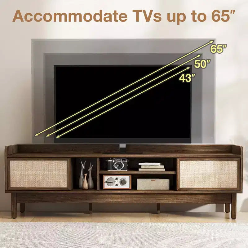 Meuble TV en bois avec rangement, étagère réglable et portes coulissantes tressées, Noyer