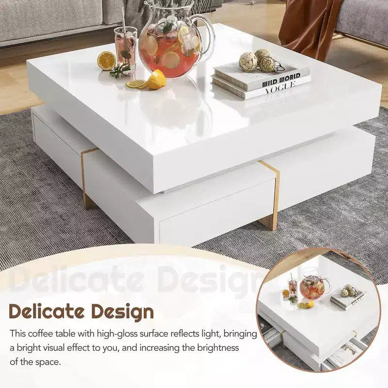 Table basse moderne laquée avec 4 tiroirs, Table basse carrée multi-rangements, Blanche