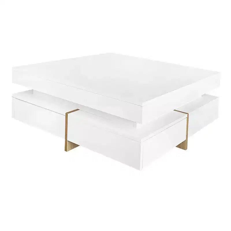 Table basse moderne laquée avec 4 tiroirs, Table basse carrée multi-rangements, Blanche