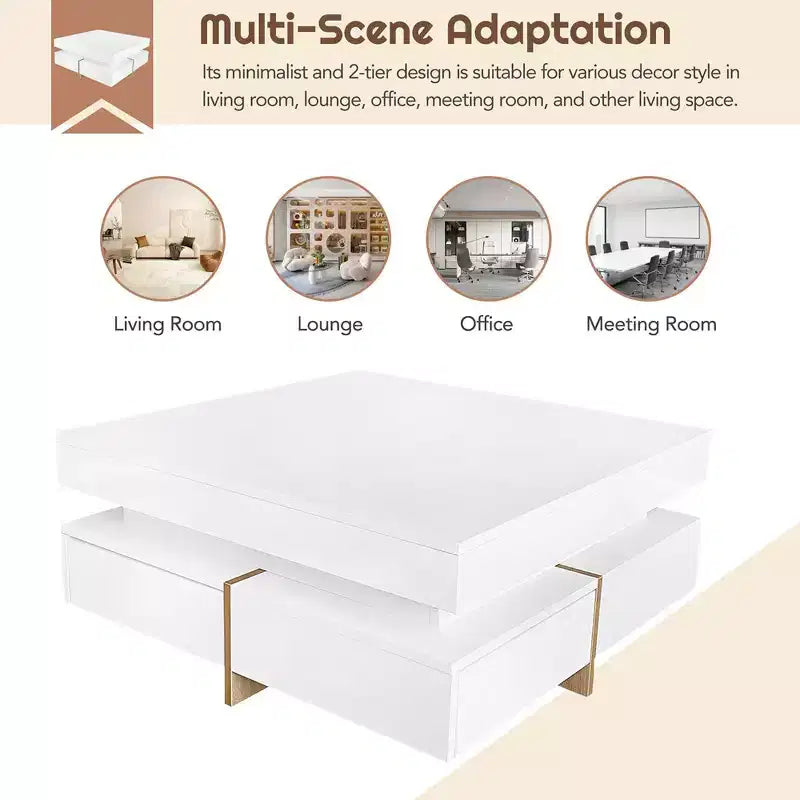 Table basse moderne laquée avec 4 tiroirs, Table basse carrée multi-rangements, Blanche