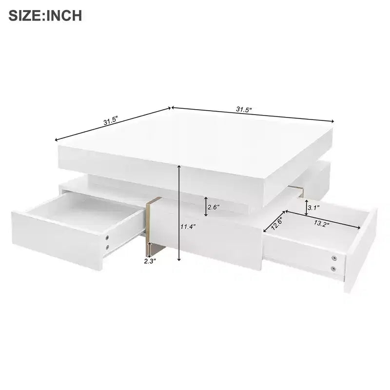 Table basse moderne laquée avec 4 tiroirs, Table basse carrée multi-rangements, Blanche