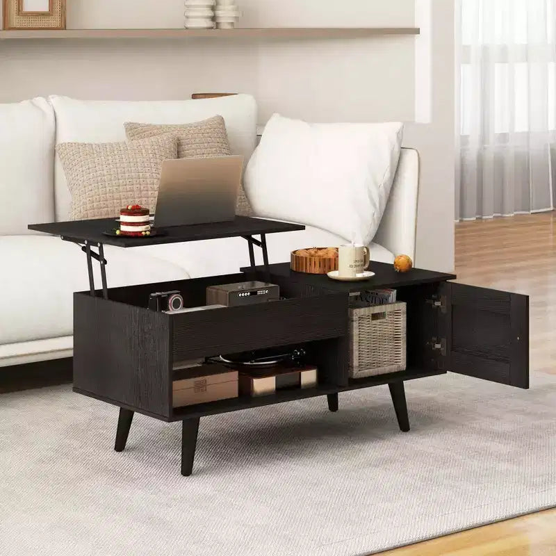 Table basse relevable avec rangement, compartiment caché et étagère ouverte