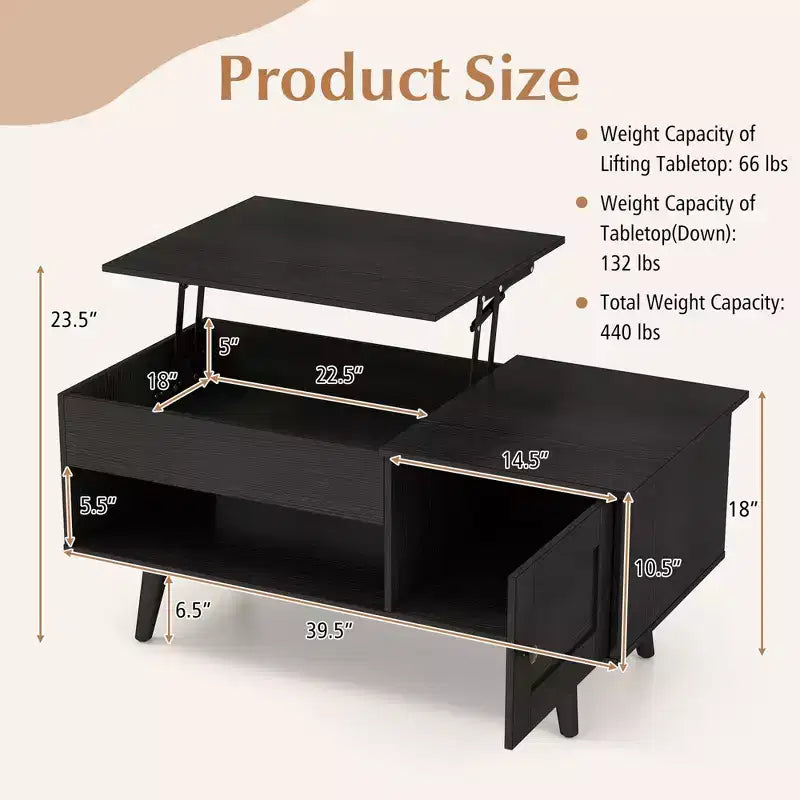 Table basse relevable avec rangement, compartiment caché et étagère ouverte