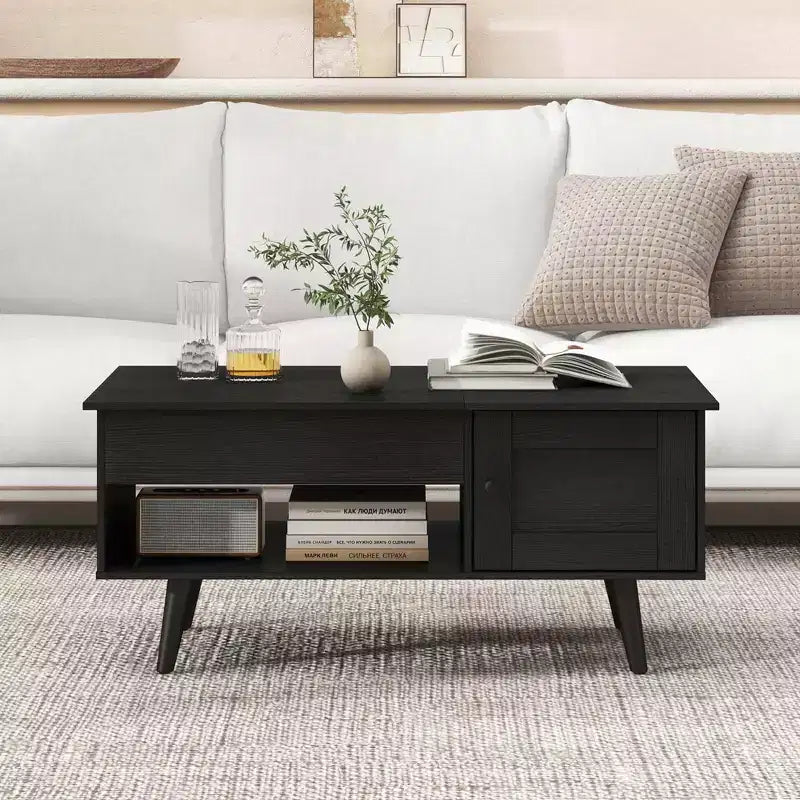 Table basse relevable avec rangement, compartiment caché et étagère ouverte
