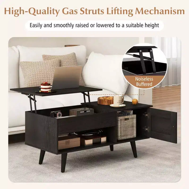 Table basse relevable avec rangement, compartiment caché et étagère ouverte