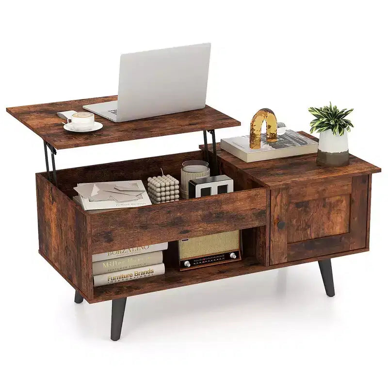 Table basse relevable avec rangement, compartiment caché et étagère ouverte