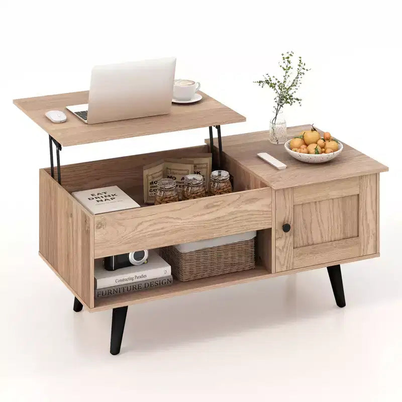 Table basse relevable avec rangement, compartiment caché et étagère ouverte