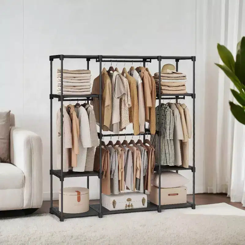 Système de rangement portable autoportant, portant à vêtements avec étagères et tringles de suspension pour chambre et vestiaire Noir