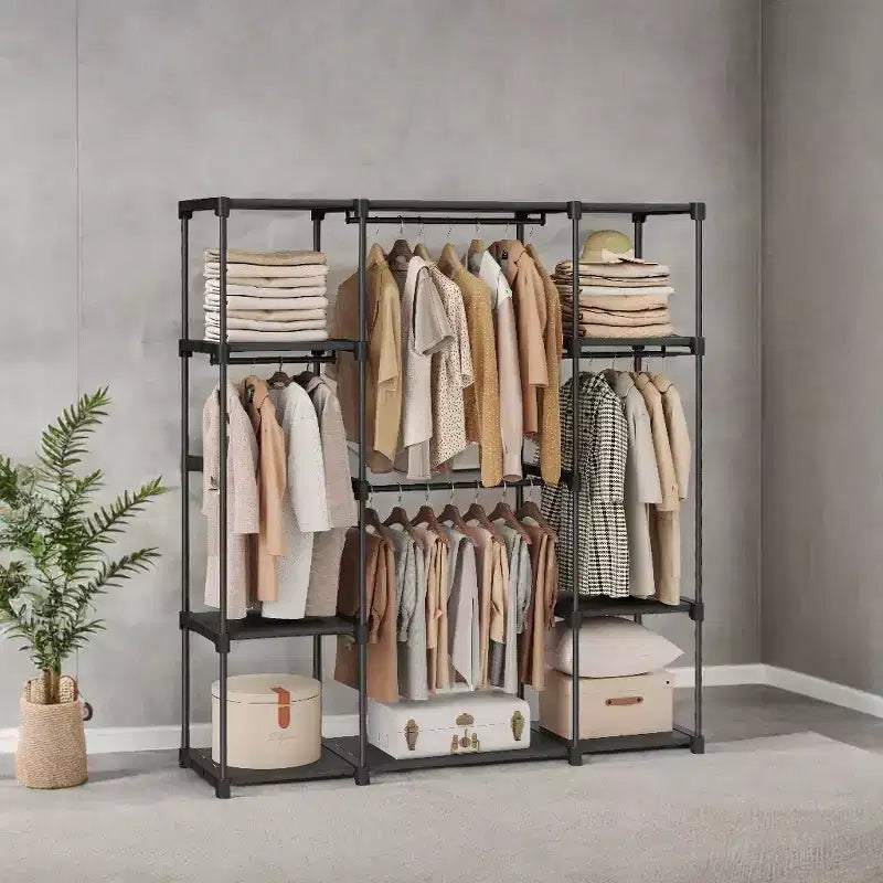 Système de rangement portable autoportant, portant à vêtements avec étagères et tringles de suspension pour chambre et vestiaire Noir