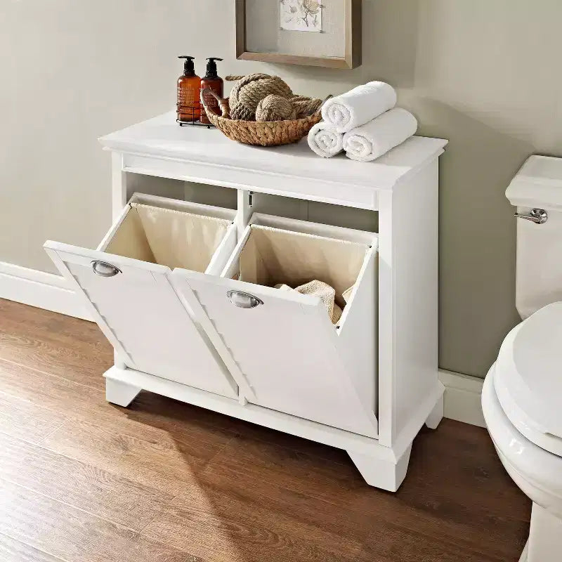 Panier à linge en bois avec doublure amovible, 2 compartiments